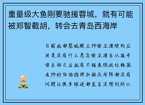 重量级大鱼刚要驰援蓉城，就有可能被郑智截胡，转会去青岛西海岸